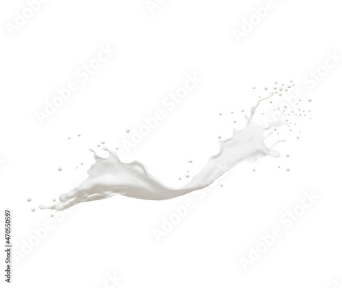 White milk splash swirl with splatter and drops, vector liquid yogurt or cream drink wave. Milk splash of dairy product, 3D realistic milky flow of creamy pouring isolated on white photo