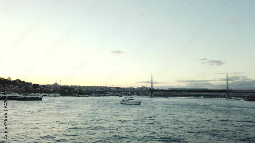 On the Bosphorus Strait by Boat during Sunset in Beautiful Istanbul On the Bosphorus Strait by Boat during Sunset in Beautiful Istanbul