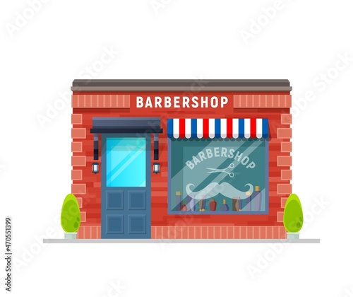 Barbershop service building storefront facade. Gentleman hairdresser salon, barber shop storefront with awning and scissors and mustaches sticker on window. City architecture, local business building