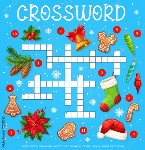Christmas tree decorations, gingerbread cookies and poinsettia, crossword grid vector worksheet. Find a word quiz puzzle game for kids with Santa hat, Christmas sock and holly with golden bell