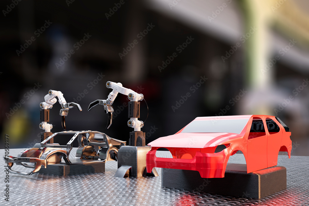 Car production processing service in factory robot hi tech robotic AI control arm hand robot artificial for car technology in garage dealership with tech hand cyborg Car production processing service in factory robot hi tech robotic AI control arm hand robot artificial for car technology in garage dealership with tech hand cyborg