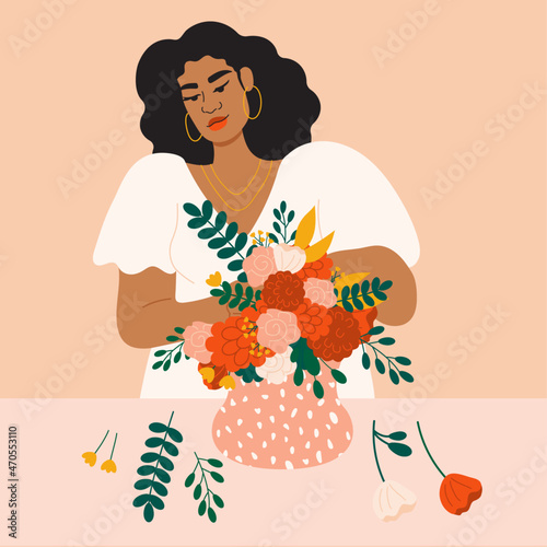 Illustration of florist arranging flowers in vase