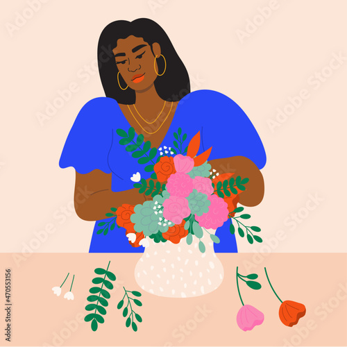 Illustration of florist arranging flowers in vase