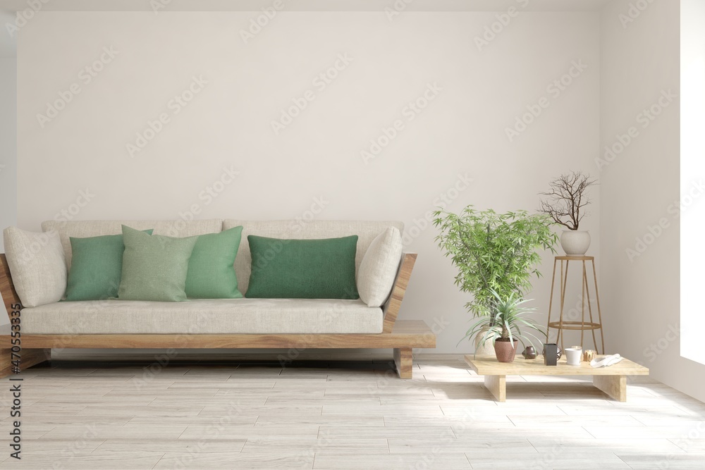 White living room with sofa. Scandinavian interior design. 3D illustration