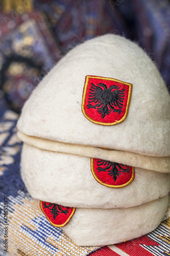 The Plis or Qeleshe, the traditional Albanian woolen hat close-up photo