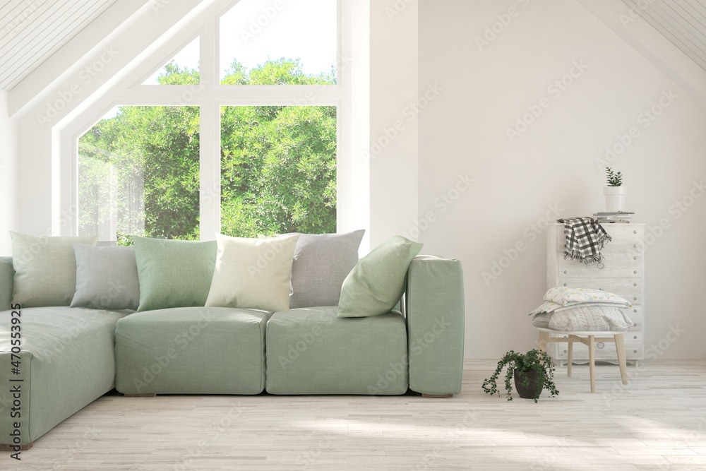 Fototapeta premium White living room with sofa and summer landscape in window. Scandinavian interior design. 3D illustration