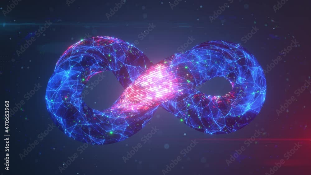 Infinity symbol with connected points and lines. Seamless loop 3D render animation