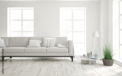 White living room with sofa. Scandinavian interior design. 3D illustration