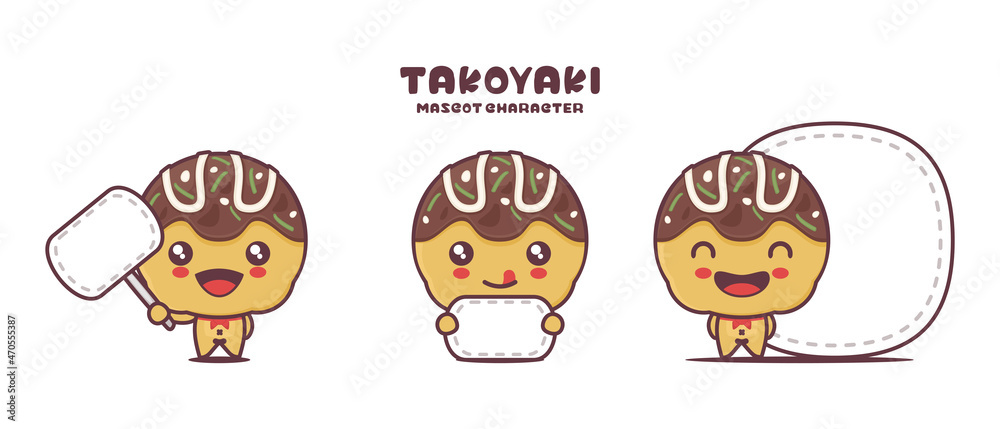 Obraz premium Cute Takoyaki mascot cartoon, with blank board banner, traditional Japanese food vector illustration