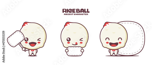 rice ball mascot cartoon, with blank board banner, traditional Japanese food vector illustration