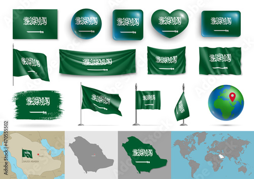 Set of Saudi Arabia flags and geographic map. Realistic Saudi Arabian flags, glossy buttons patriotic colors, highly detailed map and globe with identification pin vector illustration