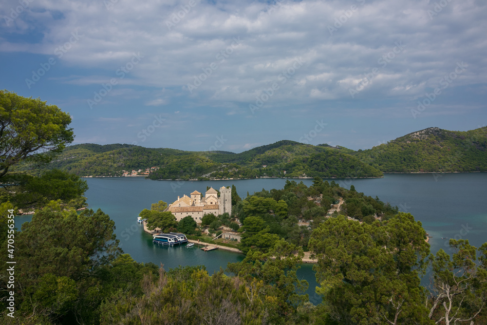 idyllic view to the enchanting Benedictine monastery on St. Mary island, Mljet, Croatia	