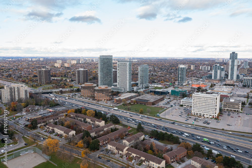 Fototapeta premium drone view of the don valley highway as well as condos traffic hotels and houses