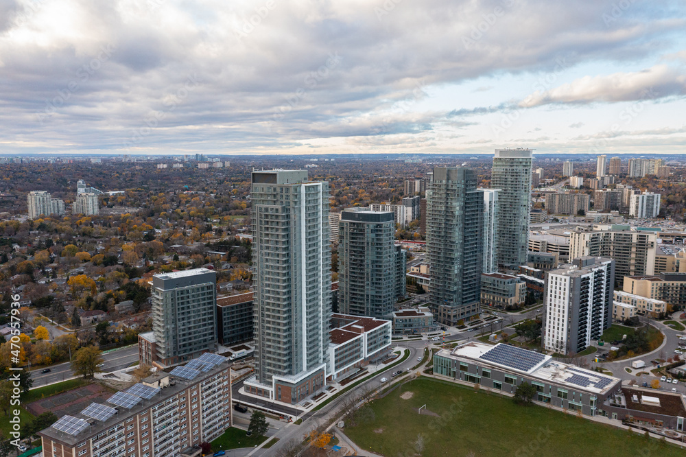 drone view of the don valley highway as well as condos  traffic hotels and houses