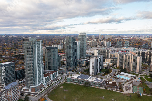 drone view of the don valley highway as well as condos traffic hotels and houses