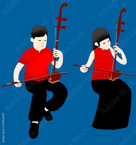 painting of a boy and a girl playing the Chinese musical instrument Erhu photo