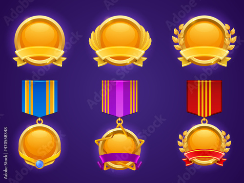 Set of game level ui icons, empty golden medals with banners, wings, star and laurel wreaths, isolated award frames or bonus graphic elements, reward, trophy achievement and prize for rpg or casino