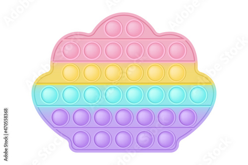 Popit figure seashell a fashionable silicon toy for fidgets. Addictive anti stress toy in pastel rainbow colors. Bubble anxiety developing pop it toys for kids. Vector illustration isolated on white.