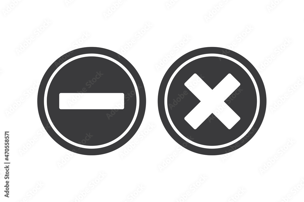 Minus sign icon. Negative symbol. Zoom out. and Remove, delete, x icon in flat style on white