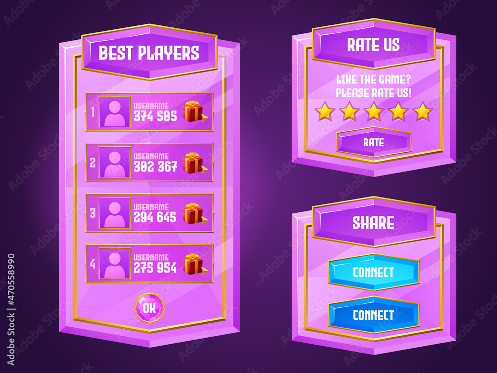 Diamond game menu, gamer ui panel with buttons, pink cartoon crystal interface with gui elements. Best players, rate us, share and connect boards with user profiles, rating stars isolated vector set - obrazy, fototapety, plakaty 
