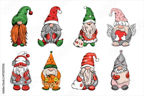 A set of hand-drawn gnomes for the New Year, Valentine's Day, Halloween. Vintage vector illustration. New Year, and Christmas illustration.  New Year, Valentine's Day, Halloween illustration.