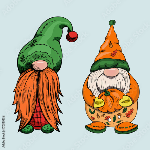 A hand-drawn gnomes for halloween. The Scandinavian dwarf. Vintage vector illustration.