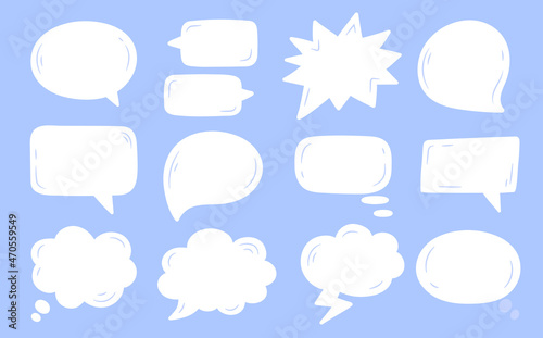 Set white speech bubbles on a blue background.