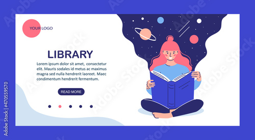banner online learning and online library.cartoon style