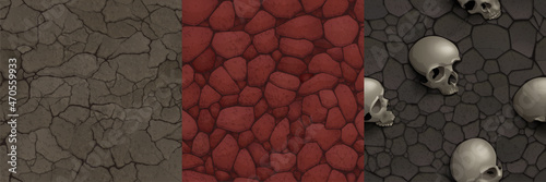 Game textures cracked soil, deserted red martian land, dead earth with human skulls seamless patterns top view. Cartoon textured abandoned dirt surface 3d backgrounds, graphic ui or gui vector layers