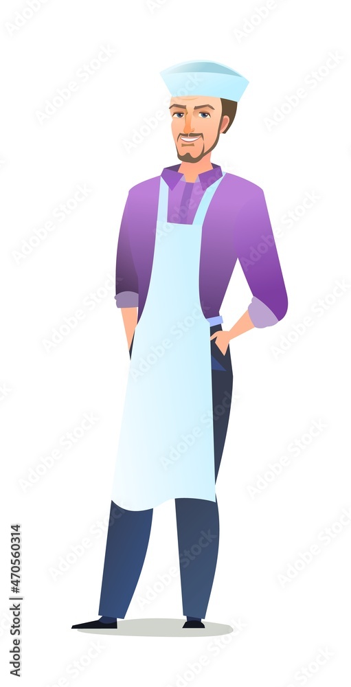 Male cook in overalls. Guy from kitchen in an apron. Cheerful person. Standing pose. Cartoon comic style flat design. Single character. Illustration isolated on white background. Vector Male cook in overalls. Guy from kitchen in an apron. Cheerful person. Standing pose. Cartoon comic style flat design. Single character. Illustration isolated on white background. Vector