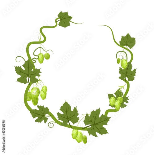 Round Frame with Hops. A branch with dense leaves and cones. Sagging shoots with leaves. Wild nature. Flat style illustration with place for text. Isolated on white. Vector