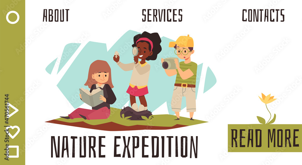 Fototapeta premium Nature expedition, curious kids explore world in flat vector illustration