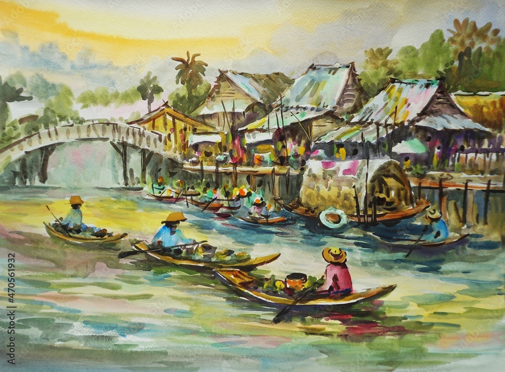   Art painting watercolor Hut northeast Thailand Countryside Thai land , Floating market    