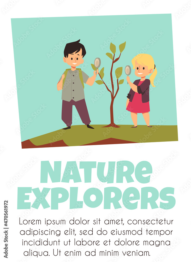 School children explore tree through magnifying glass on nature expedition School children explore tree through magnifying glass on nature expedition