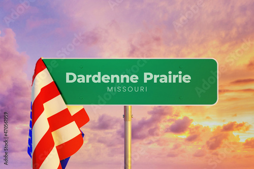 Dardenne Prairie - Missouri/USA. Road or City Sign. Flag of the united states. Sunset Sky. photo