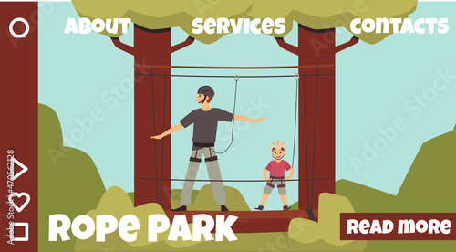 Adventure rope park in forest with cartoon man, boy in flat vector illustration