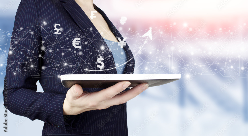 Business ideas, currency exchange, and global stock market analysis. Hand hold white tablet with digital hologram virtual currency, growth graph chart sign. Plan growth and increase positive Business ideas, currency exchange, and global stock market analysis. Hand hold white tablet with digital hologram virtual currency, growth graph chart sign. Plan growth and increase positive