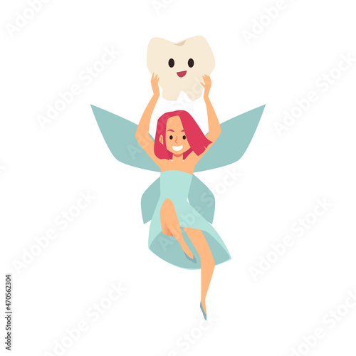 Toothfairy front view, cartoon vector illustration. Little flying girl holding tooth high above her head.