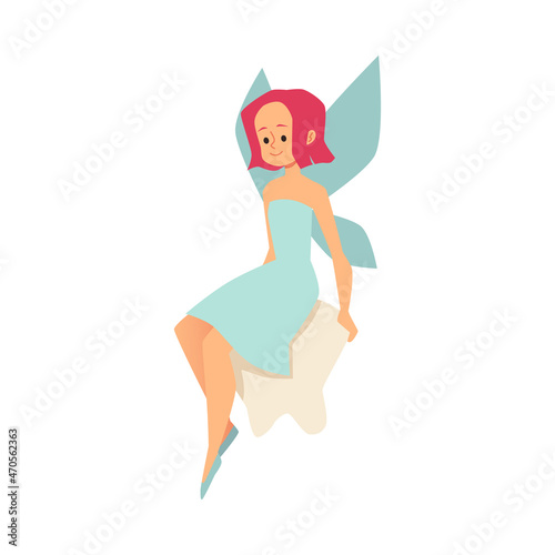 Cute fairy sitting on huge tooth, flat vector illustration isolated on white.