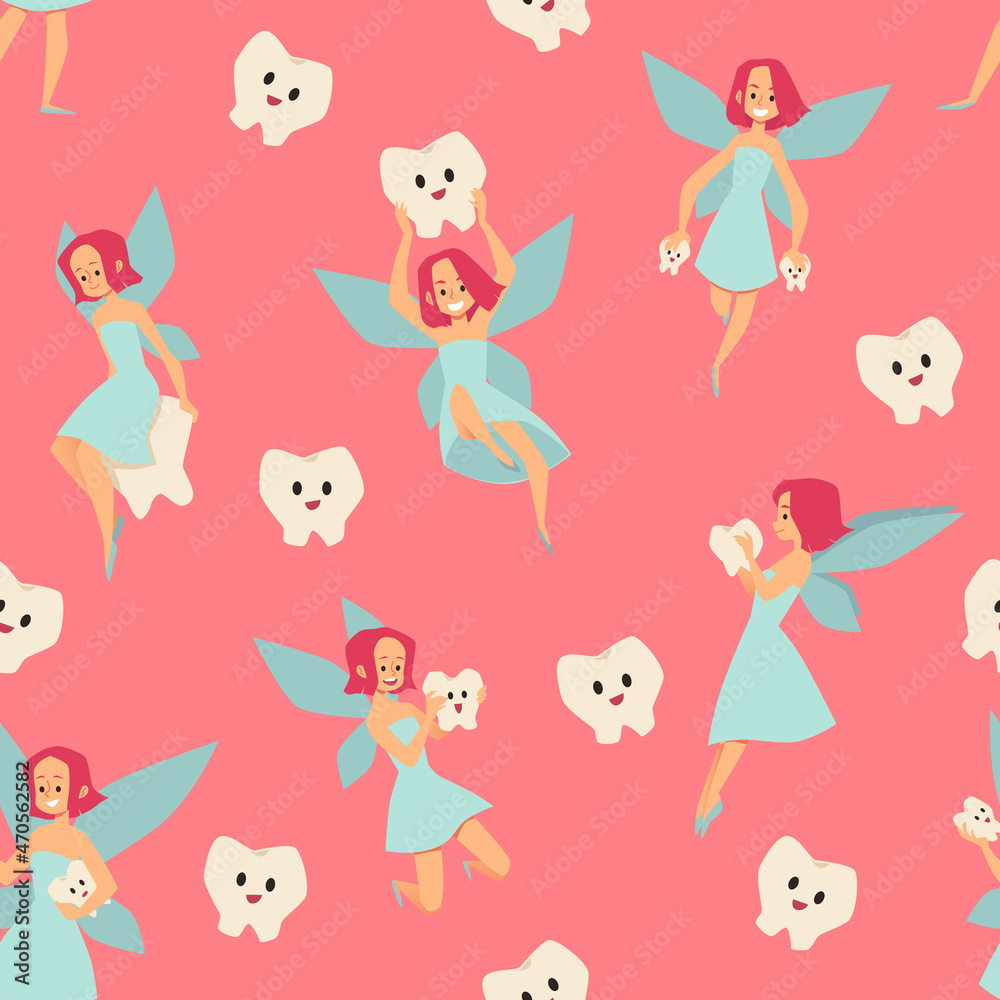 Obraz premium Tooth Fairy seamless vector pattern. Kids dental clinic stickers. Cartoon style flying fairy princess illustration.