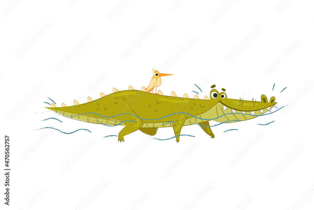 Fototapeta premium Cute Crocodile Character with Bird on Its Back Floating in Water Vector Illustration