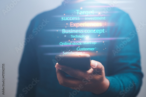Concept of impression and customer experience business man holding a laptop with a positive message on business ideas
