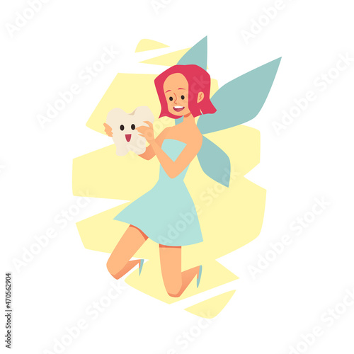 Beautiful smiling tooth fairy in flat vector illustration isolated on white