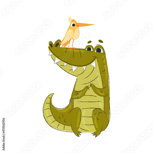 Cute Crocodile Character Sitting with Bird on His Snout Vector Illustration