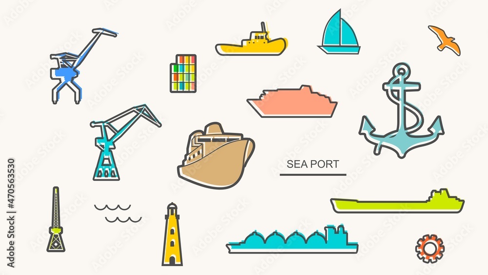 Cargo port relative icons collection. Thin lines