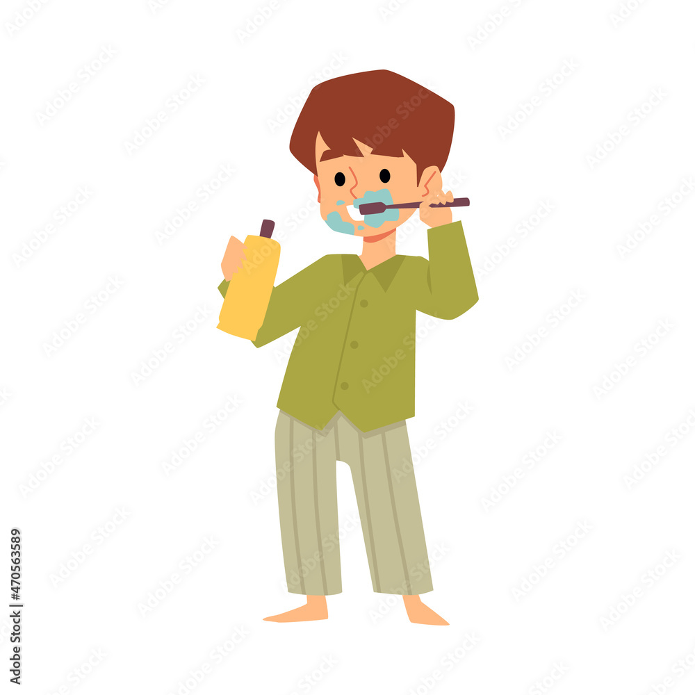 Cartoon boy in pajamas brushes teeth with tooth brush holding tooth paste Cartoon boy in pajamas brushes teeth with tooth brush holding tooth paste