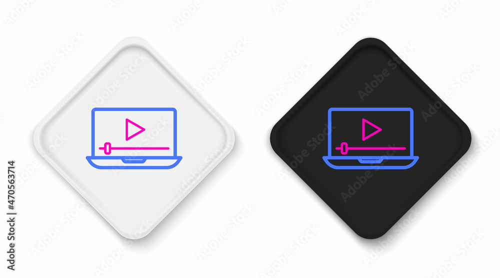 Line Online play video icon isolated on white background. Laptop and film strip with play sign. Colorful outline concept. Vector Line Online play video icon isolated on white background. Laptop and film strip with play sign. Colorful outline concept. Vector