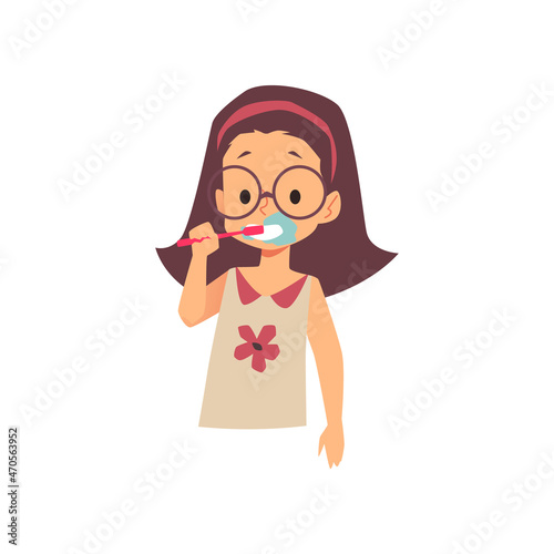Little girl brushing her teeth cartoon flat vector illustration isolated.