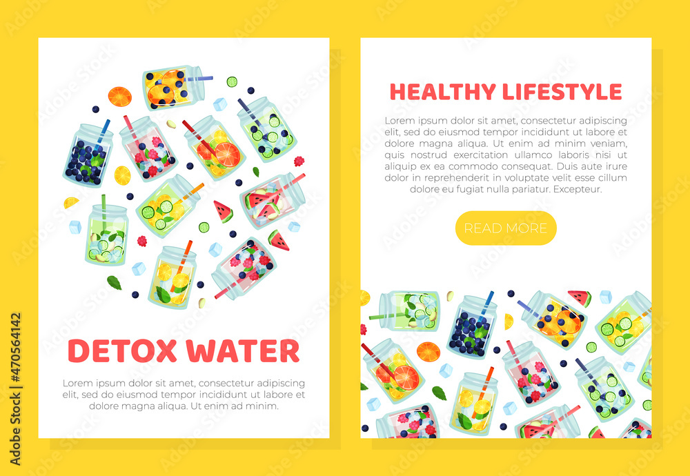 Detox Drink Poured in Glass Jar with Straw Vector Web Banner Template