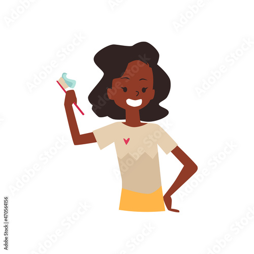 African american kid girl with toothbrush, flat vector illustration isolated.